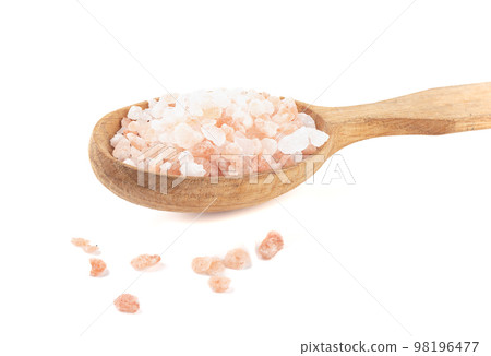 Large crystals of Himalayan pink salt in a wooden spoon and on a white background. Large crystals of Himalayan pink salt in a wooden spoon and on a white background. 98196477