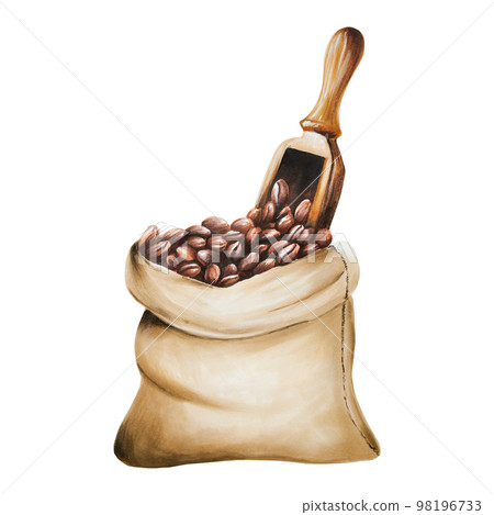 Watercolor bag of coffee beans illustration. Hand painting on a white isolated background. For designers, menu, shop, bar, bistro, restaurant, for postcards, wrapping paper, covers. For posters and Watercolor bag of coffee beans illustration. Hand painting on a white isolated background. For designers, menu, shop, bar, bistro, restaurant, for postcards, wrapping paper, covers. For posters and 98196733