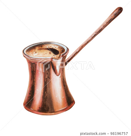 Watercolor brass cezve for coffee illustration. Hand painting on a white isolated background. For designers, menu, shop, bar, bistro, restaurant, for postcards, wrapping paper, covers. For posters and 98196757