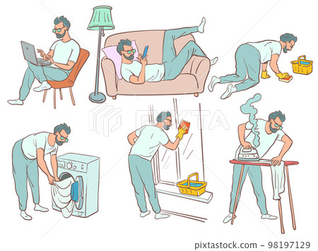 The man does household chores. working on a laptop. resting on the sofa. washes the floors. is washing clothes in a washing machine. washes windows and a balcony. ironing clothe 98197129