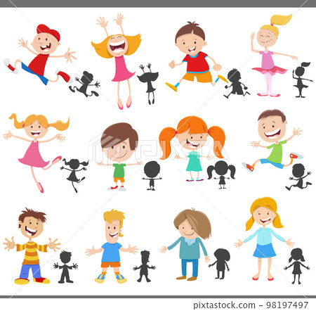 cartoon happy children characters and silhouettes set cartoon happy children characters and silhouettes set 98197497