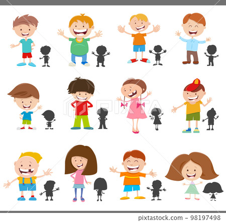 cartoon happy children characters with silhouettes set cartoon happy children characters with silhouettes set 98197498
