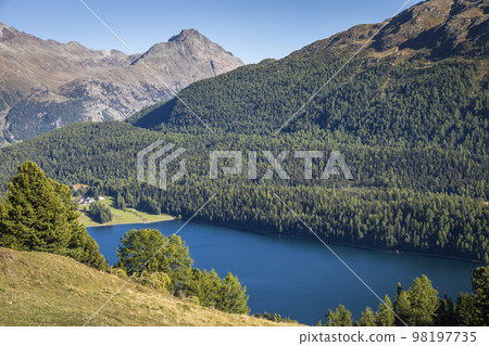 Above St Moritz lake from Muottas Muragl, Engadine, Graubunden, Switzerland 98197735