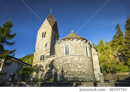 Stone church in St Moritz, Engadine valley, Swiss Alps, Switzerland Stone church in St Moritz, Engadine valley, Swiss Alps, Switzerland 98197743