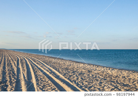 Sea coast. Wheel ruts on the sand. 98197944