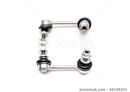 Suspension stabilizer bar car spare part. Thrust of two spherical joints isolated on a white background. Suspension stabilizer bar car spare part. Thrust of two spherical joints isolated on a white background. 98198201