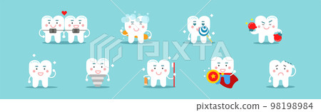 Dental Hygiene with White Teeth on Blue Background Vector Set Dental Hygiene with White Teeth on Blue Background Vector Set 98198984