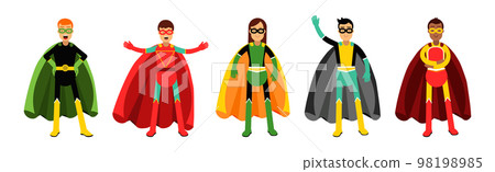 Man and Woman Superhero Wearing Cape Having Super Power Vector Set Man and Woman Superhero Wearing Cape Having Super Power Vector Set 98198985