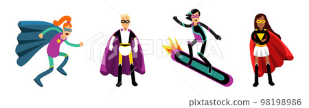 Man and Woman Superhero Wearing Cape Having Super Power Vector Set Man and Woman Superhero Wearing Cape Having Super Power Vector Set 98198986