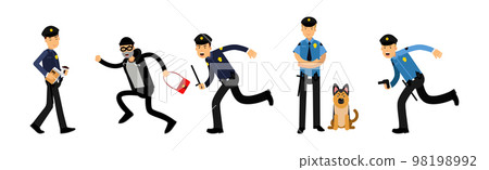 Man Police Officer in Uniform Working Performing His Duty Vector Set 98198992