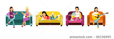 Woman at Home Having Rest Relaxing on Sofa and Armchair Vector Set 98198995