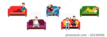 Man and Woman at Home Having Rest Relaxing on Sofa and Armchair Vector Set Man and Woman at Home Having Rest Relaxing on Sofa and Armchair Vector Set 98198996