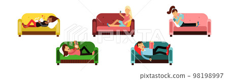 Man and Woman at Home Having Rest Relaxing on Sofa Vector Set Man and Woman at Home Having Rest Relaxing on Sofa Vector Set 98198997