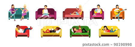 Man and Woman at Home Having Rest Relaxing on Sofa and Armchair Vector Set Man and Woman at Home Having Rest Relaxing on Sofa and Armchair Vector Set 98198998