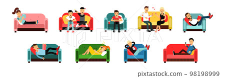 Man and Woman at Home Having Rest Relaxing on Sofa and Armchair Vector Set Man and Woman at Home Having Rest Relaxing on Sofa and Armchair Vector Set 98198999