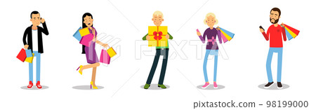 Man and Woman Carrying Shopping Bags with Purchases Vector Set Man and Woman Carrying Shopping Bags with Purchases Vector Set 98199000