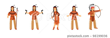 Red Indian or American Indians Man and Woman in National Clothing Vector Illustration Set 98199036