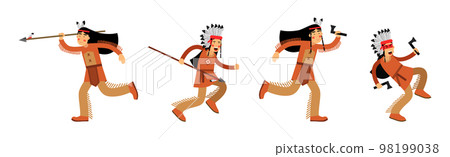 Red Indian or American Indians Man in National Clothing Vector Illustration Set 98199038