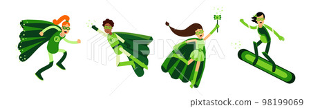 ECO Man and Woman Superhero Characters in Green Costume with Cape Vector Set 98199069