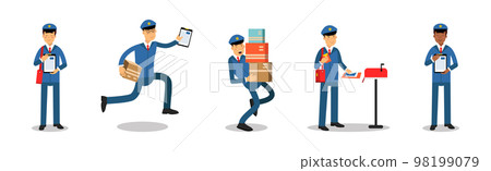 Postman or Mailman Character Delivering Letters and Parcels Vector Set Postman or Mailman Character Delivering Letters and Parcels Vector Set 98199079