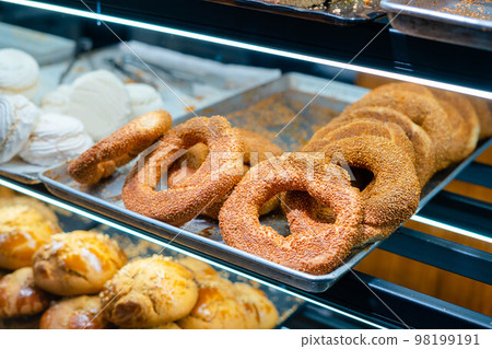 Turkish sweets bagel on display at the market Turkish sweets bagel on display at the market 98199191