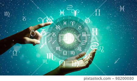 Astrological zodiac signs inside of horoscope circle. Astrology, knowledge of stars in the sky over the milky way and moon. The power of the universe concept. Astrological zodiac signs inside of horoscope circle. Astrology, knowledge of stars in the sky over the milky way and moon. The power of the universe concept. 98200080