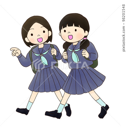 兩個初中女生和高中女生開心聊天的插畫 兩個初中女生和高中女生開心聊天的插畫 98201548