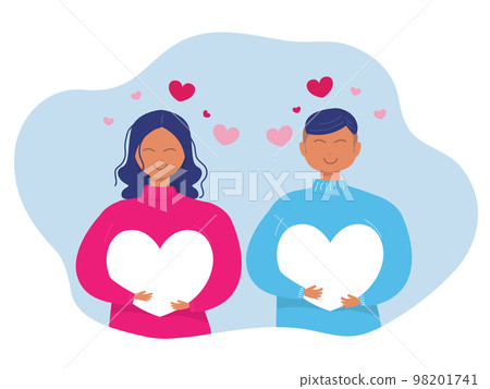 Concept of love young man and woman hold heart. Valenine day. Love and relationship; Flat vector illustration Concept of love young man and woman hold heart. Valenine day. Love and relationship; Flat vector illustration 98201741