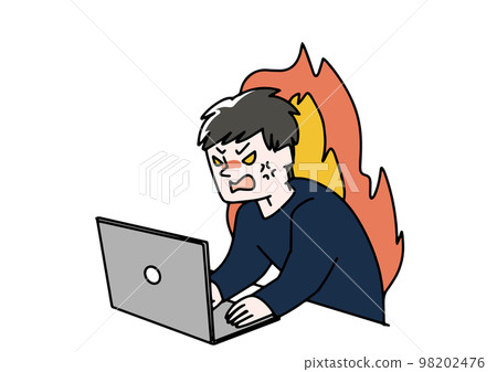 Illustration of a man who is furious in front of a personal computer 98202476