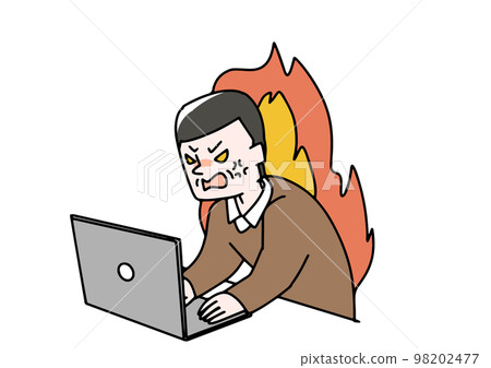 Illustration of a middle-aged man who is furious in front of a personal computer 98202477