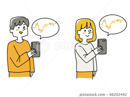 A set of men and women checking stock prices on smartphones 98202492