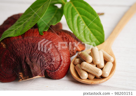 Lingzhi or Reishi mushroom with capsules, organic natural healthy food. 98203151