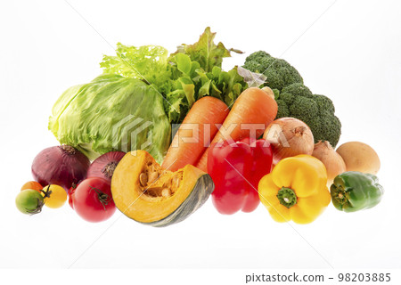 Vegetable gathering white background 98203885