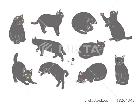 一隻黑貓的各種姿勢的插圖 98204343