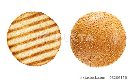 Grilled burger bun isolated on white background, top view. Grilled burger bun isolated on white background, top view. 98206156