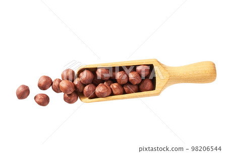 Pile of shelled hazelnut kernels in wooden scoop on white background. Top view. Pile of shelled hazelnut kernels in wooden scoop on white background. Top view. 98206544