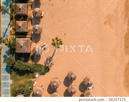 Aerial view of umbrellas, palms on the sandy beach, people, blue sea with waves at sunset. Summer holiday. Tropical landscape with palm trees, parasols, white sand, ocean. Aerial view of umbrellas, palms on the sandy beach, people, blue sea with waves at sunset. Summer holiday. Tropical landscape with palm trees, parasols, white sand, ocean. 98207175