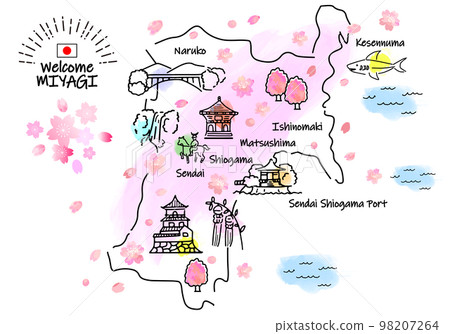 宮城縣春季旅遊景點簡筆劃插畫圖（粉色） 98207264