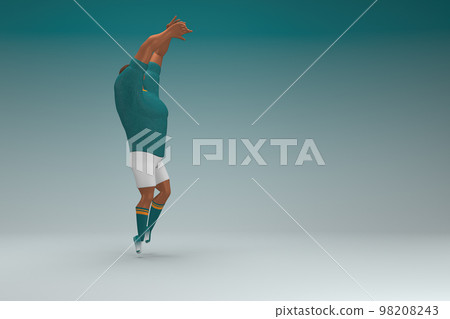 An athlete wearing a green shirt and white pants is jumping. 3d rendering of cartoon character in acting. 98208243