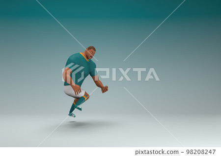 An athlete wearing a green shirt and white pants is jumping. 3d rendering of cartoon character in acting. 98208247