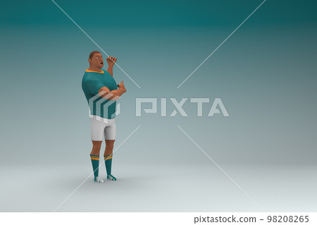 An athlete wearing a green shirt and white pants  is expression of hand when talking. 3d rendering of cartoon character in acting. 98208265