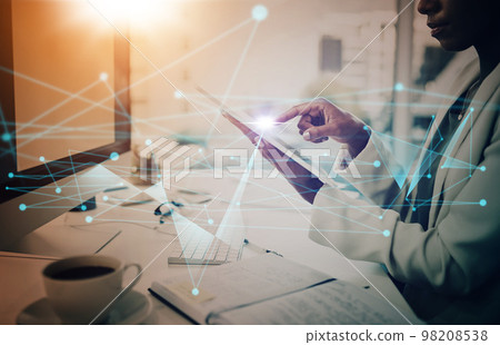 Futuristic ai, tablet and business woman typing an email, planning and doing search on the internet with virtual network. Hands of a corporate employee networking on the web with technology and cgi 98208538