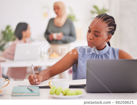 Writing, notebook and woman planning event marketing, social media advertising and diversity campaign schedule. Planner, startup small business and employee black girl working in coworking office Writing, notebook and woman planning event marketing, social media advertising and diversity campaign schedule. Planner, startup small business and employee black girl working in coworking office 98208625