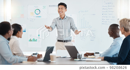Marketing, presentation and leader in business meeting, planning and talking in boardroom. Manager sharing ideas, sales strategy or growth on charts, graphs or data statistics on whiteboard in office Marketing, presentation and leader in business meeting, planning and talking in boardroom. Manager sharing ideas, sales strategy or growth on charts, graphs or data statistics on whiteboard in office 98208626