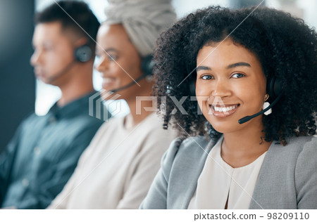 Call center, customer service and telemarketing with a woman consultant and team working in the office. Crm, contact us and support with a female employee using a headset for help or consulting 98209110
