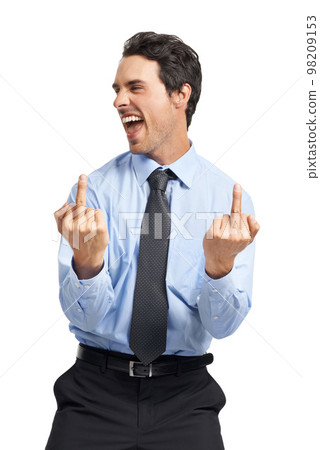 Middle finger, crazy and young businessman in a studio screaming with joy, happiness and confidence. Happy, yelling and corporate male model with a rage gesture or sign isolated by a white background 98209153