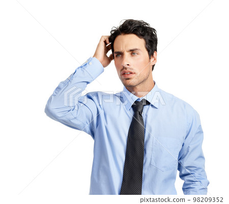 Business, man and thinking for corporate project, policy report and consultant isolated on white studio background. Ceo, male entrepreneur and employee with idea, advertising campaign and marketing 98209352