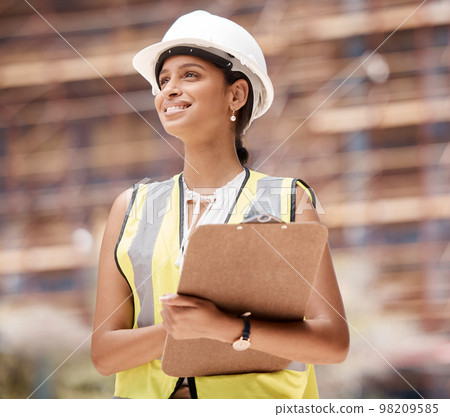 Logistics, shipping and business woman check containers for import, export and supply chain for global trade. Hard hat, female and use clipboard for inventory, cargo and inspection writing notes. 98209585