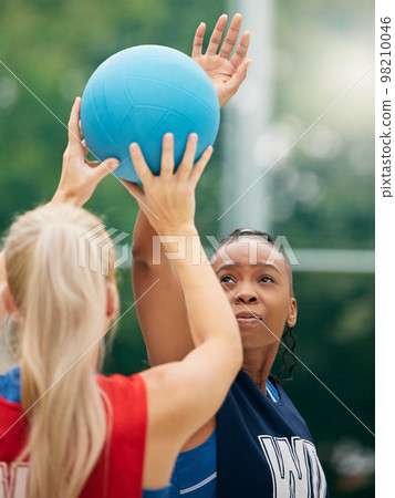 Sport, athlete and competition, netball and fitness outdoor with young school or college team playing game. Diversity, exercise and training outside, competitive girl in sports and workout. 98210046