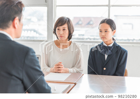 Parents and children (junior high school students and high school students in uniform) who have a three-way interview / individual interview with a male teacher in a school classroom 98210280